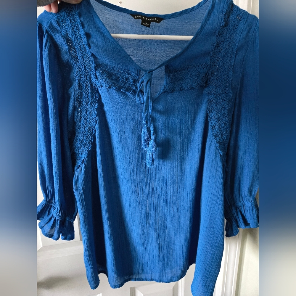 Zac & Rachel Royal Blue Boho Tassel Tie Peasant Blouse
